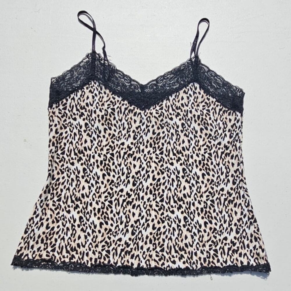 WHBM Womens Y2K Camisole Cami Top S Leopard Lace Trim Retro Layering Going Out